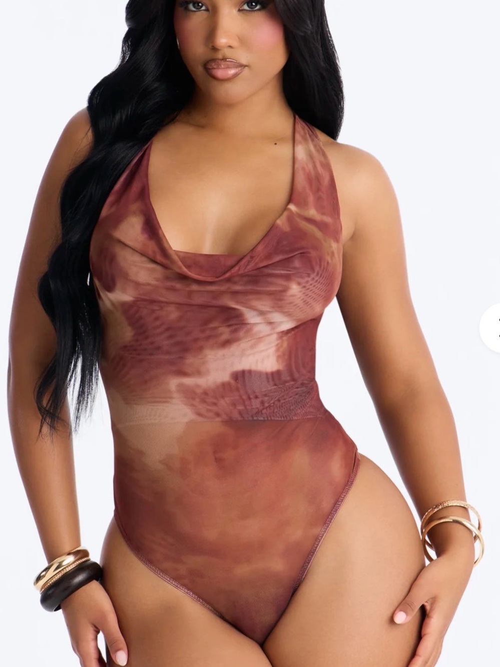 Women’s Cowl Neck BodySuit Brown Tie-Dye